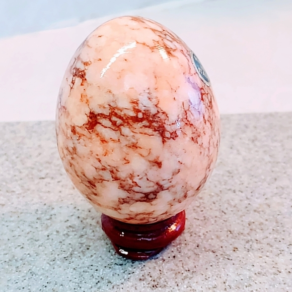 ITALIAN MARBLE PEACH & BROWN TIGER STRIPED EGG 1960s ITALY MADE WITH WOOD STAND - Picture 4 of 7